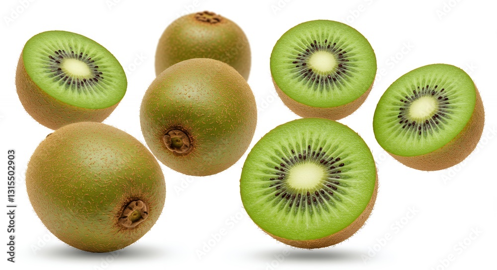 Fototapeta premium Kiwi Fruit Halves and Whole on White Background for Healthy Eating
