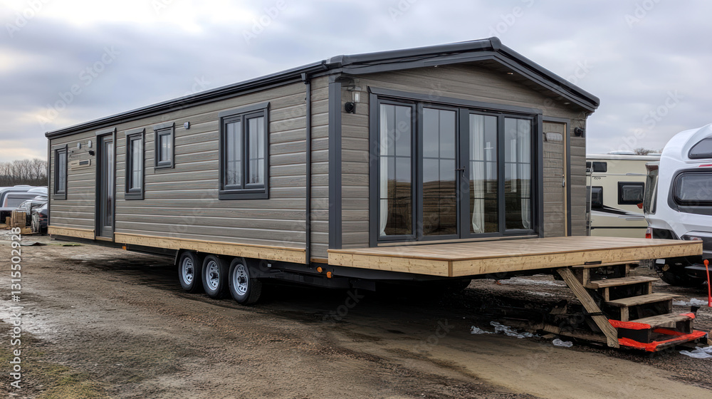 a modern mobile home on wheels with an elegant design. a modern mobile home on wheels with an elegant design.