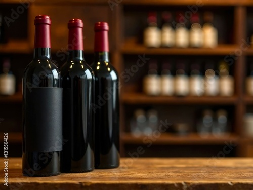Bottles of red wine with blank label, on a wooden shelf. Banner background for winery, bar or shop. with empty copy space