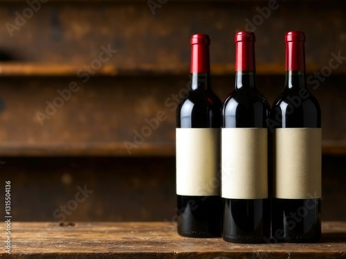 Bottles of red wine with blank label, on a wooden shelf. Banner background for winery, bar or shop. with empty copy space
