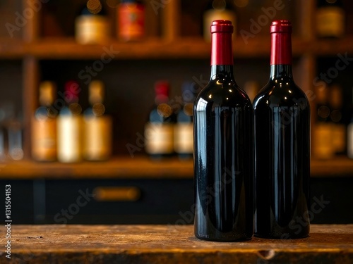 Bottles of red wine on a wooden table. Banner background for winery, bar or shop