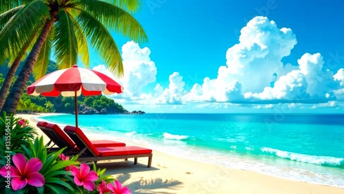 Tropical paradise beach with a sun-lounger facing the blue sea. Background for summer travel and tourism banner