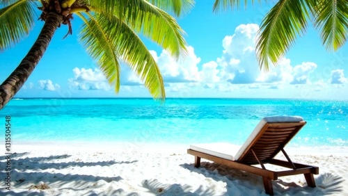 Tropical paradise beach with a sun-lounger facing the blue sea. Background for summer travel and tourism banner
