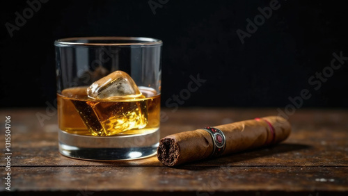 A glass of whiskey and a Cuban cigar, on a wooden table on a dark background. Banner or background for bar or shop. Men's club and relaxation concept, rich lifestyle