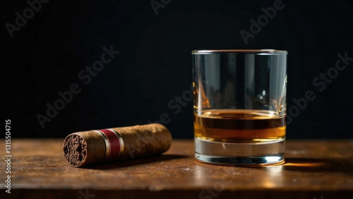 A glass of whiskey and a Cuban cigar, on a wooden table on a dark background. Banner or background for bar or shop. Men's club and relaxation concept, rich lifestyle