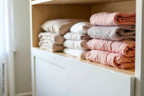 Close-up neat stacks of colorful bed linen in hotel room. Clean bed linen on closet shelf