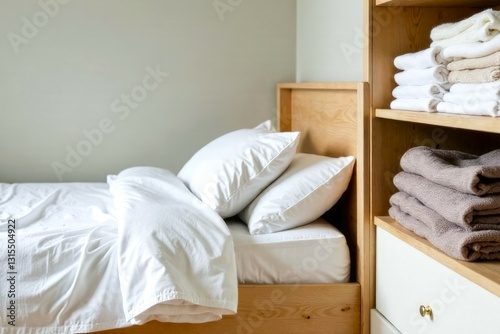 Clean bed linen on shelf. Close-up stack of bed linen by hotel bed in hotel room