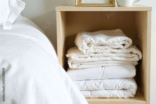 Clean bed linen on shelf. Close-up stack of bed linen by hotel bed in hotel room