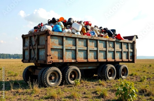 A pile of plastic dumped in a dump trailer parked in a field. Concept of environmental pollution and waste recycling