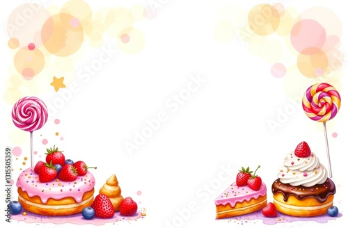 Delicious sweets and desserts frame with empty white background for copy space, watercolor style. Template for holiday and congratulation design. Kids funny sweets border
