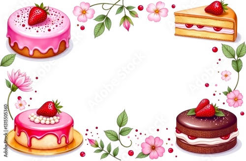 Sweet cakes frame with empty white background for copy space, watercolor style. Template for holiday and congratulation design. Kids funny sweets border