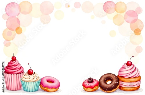 Delicious sweets and desserts frame with empty white background for copy space, watercolor style. Template for holiday and congratulation design. Kids funny sweets border