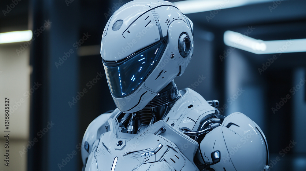 Futuristic humanoid robot with sleek white armor and glowing blue visor in a high-tech environment. Artificial intelligence concept Futuristic humanoid robot with sleek white armor and glowing blue visor in a high-tech environment. Artificial intelligence concept