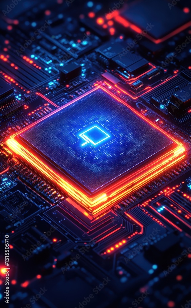 Obraz premium Abstract close-up of a glowing microprocessor on a circuit board surrounded by intricate electronic components and vibrant lighting effects in dark tones