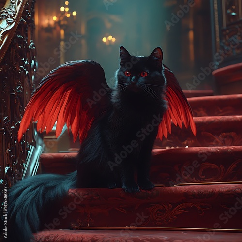 Winged cat on grand staircase
