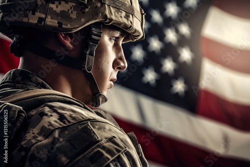 Portrait of American soldiers on Veterans Memorial Day, soldiers and the American flag photo