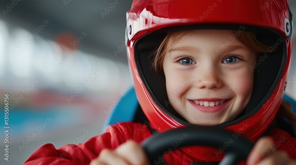 Ready to Race: A young girl exudes confidence and excitement as she grips the steering wheel, her face aglow with happiness, helmet on, ready to take on the race track.