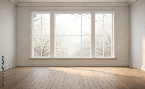 the background of an empty room, captured by white windows and wooden floor