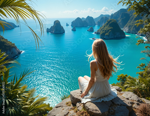 Woman in White Dress Relaxing on a Scenic Rock Ledge with a Turquoise Sea and Lush Tropical Islands in View