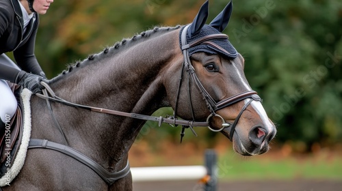 A close-up of a well-groomed horse with a rider dressed in equestrian attire, Ideal for articles or content related to horseback riding, equestrian sports, or horse care,