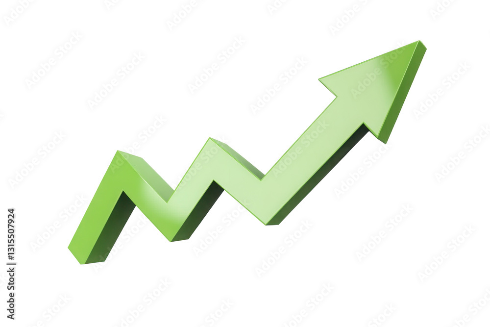3d Green arrow growing up icon. Minimal Cartoon Success Green arrow up soaring finances icon isolated on purple background. Finance business economics progress concept. 3d render. 