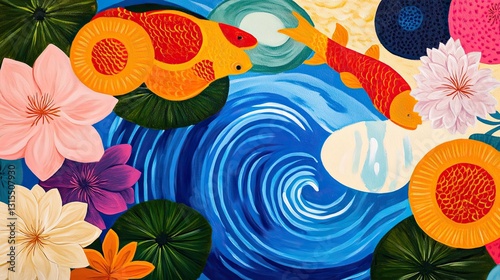 Koi fish in a decorative pond, vibrant flowers