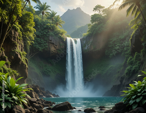 : Tropical Waterfall Cascading Into a Serene Pool Surrounded by Lush Vegetation and Palm Trees