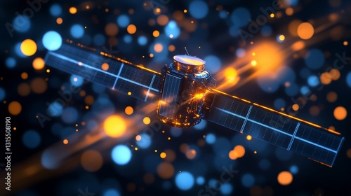 Fototapeta Naklejka Na Ścianę i Meble -  Industrial satellite with solar panels orbiting Earth, illuminated by cosmic light with bokeh effects, symbolizing space technology, global communication, and advanced engineering.