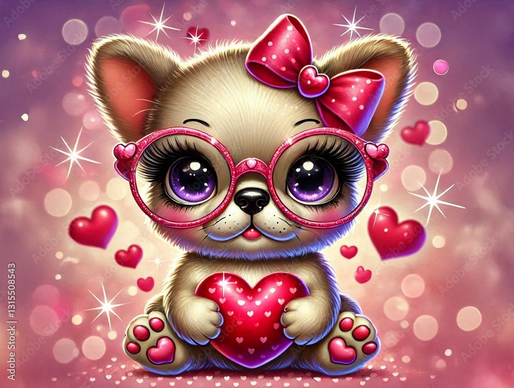 Fototapeta premium Cute cartoon puppy with big sparkling eyes, pink glasses, and a bow, holding a heart. Romantic Valentine's Day theme with glowing hearts.
