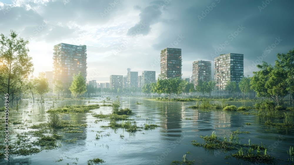 Obraz premium Sunlit City Submerged In Floodwaters Description Floodwaters inundate