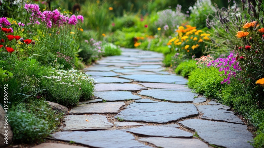 Serene Garden Pathway Surrounded by Colorful Blooms Serene Garden Pathway Surrounded by Colorful Blooms