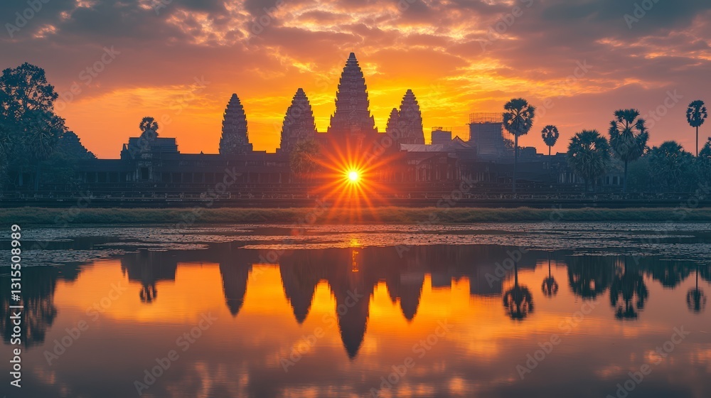 Obraz premium Sunrise Silhouette of Ancient Temple Reflecting in Calm Water with
