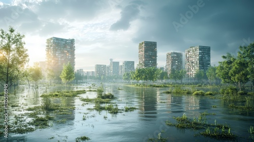 Sunlit City Submerged In Floodwaters Description Floodwaters inundate