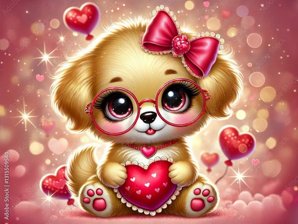 Fototapeta premium Cute cartoon puppy with big sparkling eyes, pink glasses, and a lace-trimmed bow, holding a decorated heart. Romantic Valentine's Day background with floating hearts and sparkles.