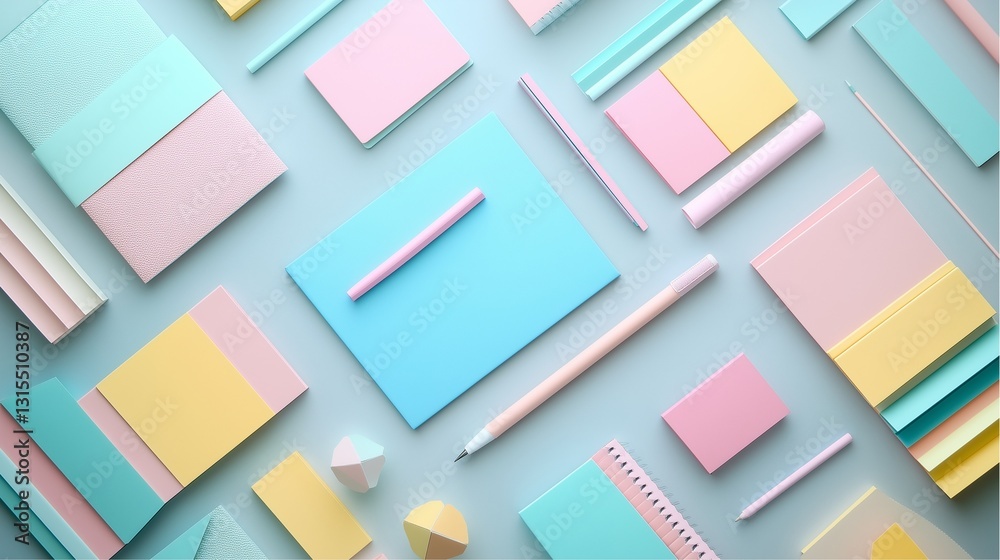 Fototapeta premium Top View, Colorful stationery items arranged aesthetically on a soft surface creative workspace flat lay minimalist design