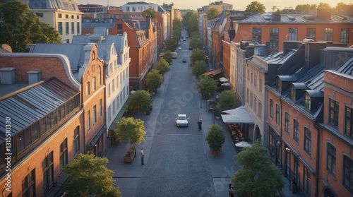 High-angle view of a city street at sunset with cars and pedestrians
