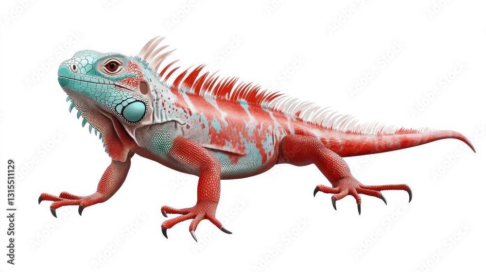 Fototapeta premium Vibrant red and teal iguana reptile isolated on white background.