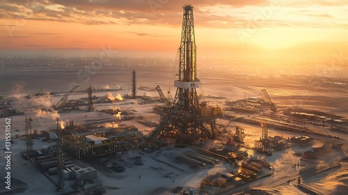 industrial oil field at sunset. a towering oil rig is surrounded by equipment & infrastructure on a flat landscape under a warm, colorful sky. photo