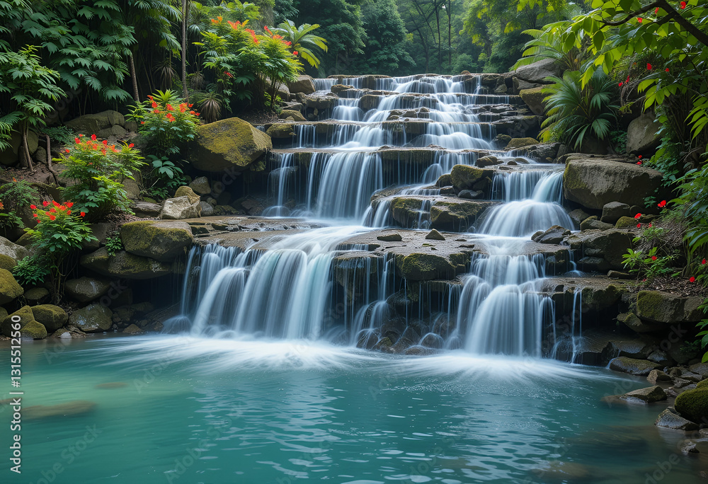 Multi-Tiered Waterfall with Turquoise Pool Surrounded by Lush Vegetation and Red Flowers Multi-Tiered Waterfall with Turquoise Pool Surrounded by Lush Vegetation and Red Flowers