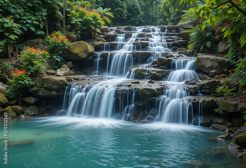 Multi-Tiered Waterfall with Turquoise Pool Surrounded by Lush Vegetation and Red Flowers