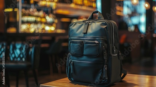 Dark-green backpack sits on wooden table in a dimly lit bar.