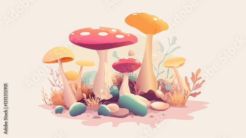 Isometric Mushrooms in Gentle Pastels