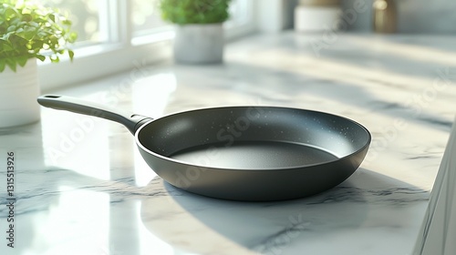 Empty black frying pan on a kitchen countertop near a window.