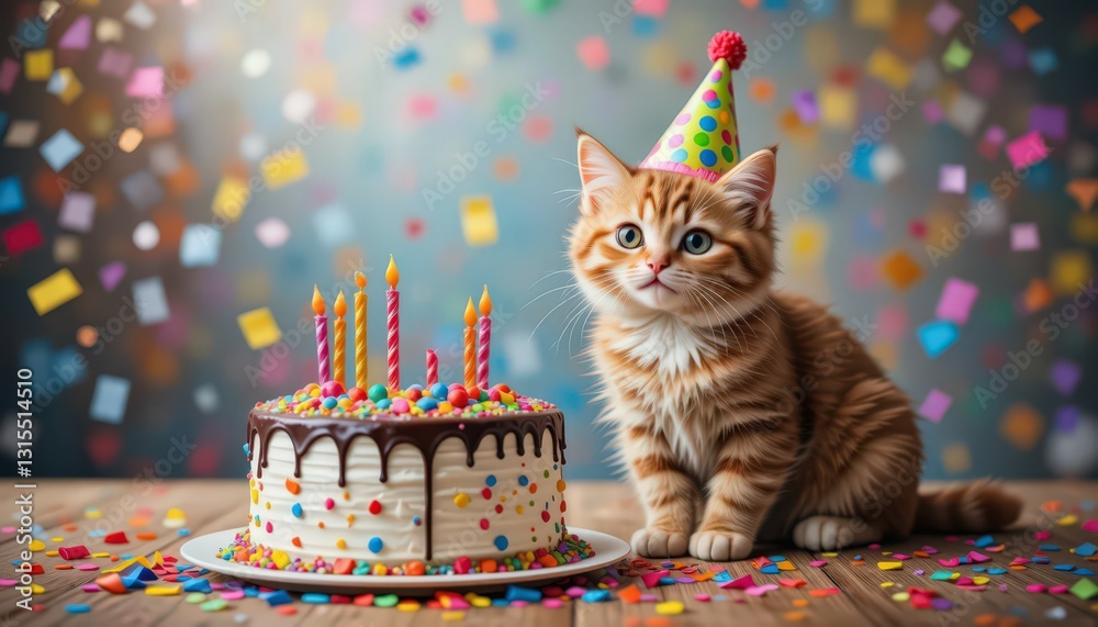 Obraz premium Adorable Kitten's Birthday Celebration with Colorful Cake and Confetti