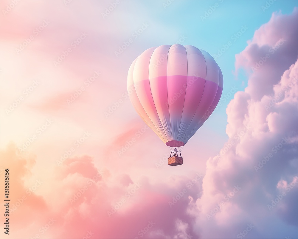 Naklejka premium Soaring adventure hot air balloon journey over dreamy clouds aerial view nature's beauty tranquil sky