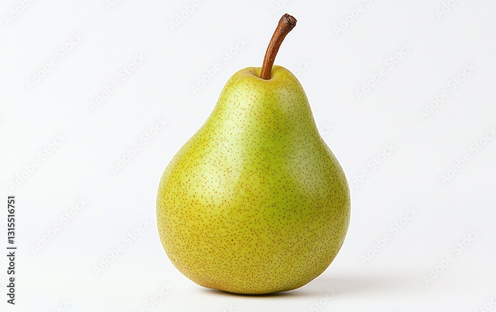Single ripe green pear on a white background. Studio lighting highlights the pear's texture and color Single ripe green pear on a white background. Studio lighting highlights the pear's texture and color