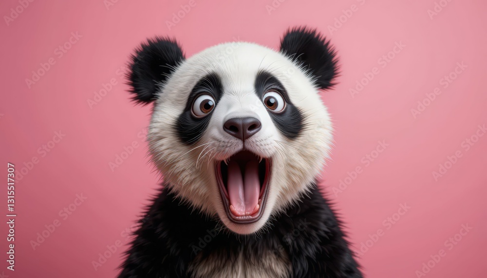 Obraz premium Surprised Panda! A digitally rendered image of a cute panda bear with a surprised expression against a pink background. Its wide eyes and open mouth create a playful and funny mood.