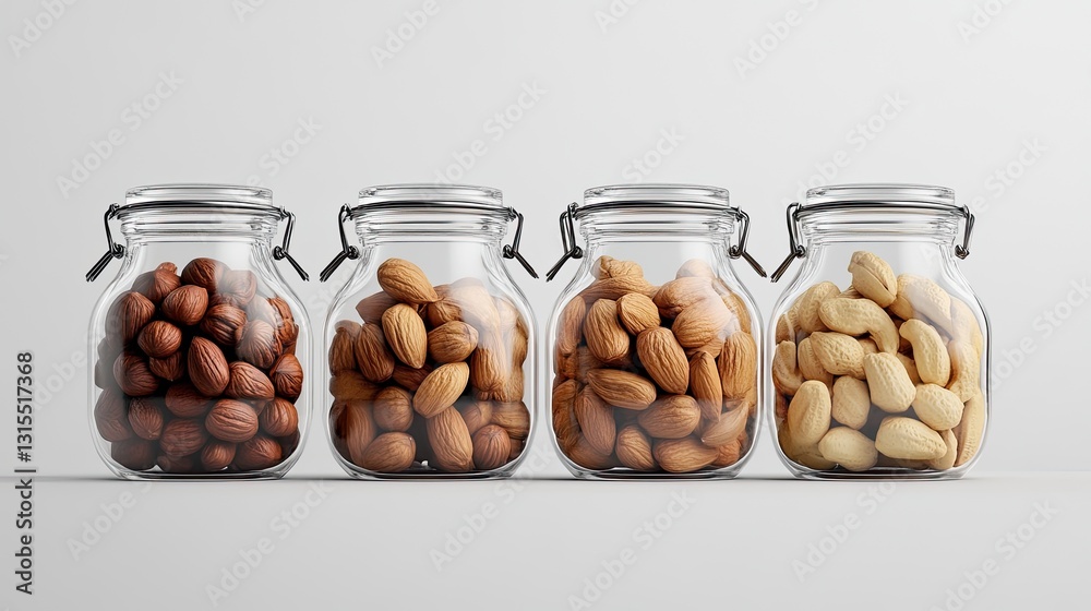 Four glass jars of assorted nuts on a white background Four glass jars of assorted nuts on a white background