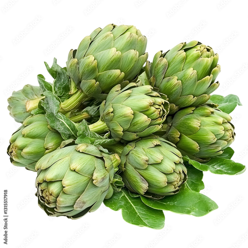 A Pile of Fresh Artichokes with Layered Green Leaves Isolated on Transparent Background A Pile of Fresh Artichokes with Layered Green Leaves Isolated on Transparent Background