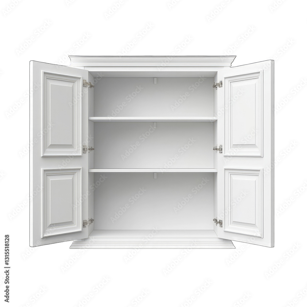 White Open Cabinet On White Background With Clean Shelves White Open Cabinet On White Background With Clean Shelves